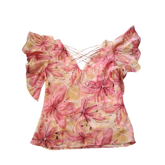Dress U Tops - Vintage Y2K Womens Romantic Floral Blouse Size 10 Pink Flutter Sleeve Soft Girl